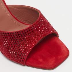 Pre Owned Amina Muaddi Red Suede Crystal Embellished Lupita Slide Sandals Size 38