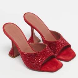 Pre Owned Amina Muaddi Red Suede Crystal Embellished Lupita Slide Sandals Size 38