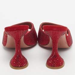 Pre Owned Amina Muaddi Red Suede Crystal Embellished Lupita Slide Sandals Size 38