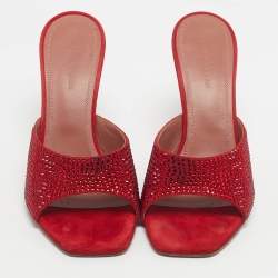 Pre Owned Amina Muaddi Red Suede Crystal Embellished Lupita Slide Sandals Size 38
