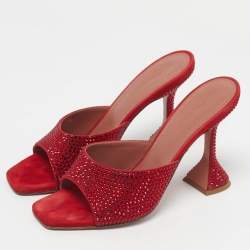 Pre Owned Amina Muaddi Red Suede Crystal Embellished Lupita Slide Sandals Size 38