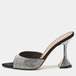 Pre Owned Amina Muaddi Black Suede Crystal Embellished Caroline Slide Sandals Size 38