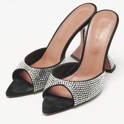Pre Owned Amina Muaddi Black Suede Crystal Embellished Caroline Slide Sandals Size 38
