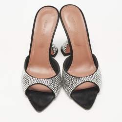 Pre Owned Amina Muaddi Black Suede Crystal Embellished Caroline Slide Sandals Size 38