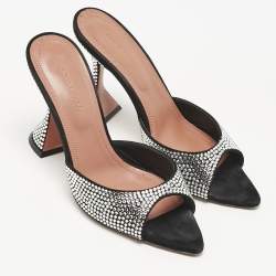 Pre Owned Amina Muaddi Black Suede Crystal Embellished Caroline Slide Sandals Size 38