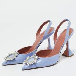 Pre Owned Amina Muaddi Blue Patent Leather Begum Slingback Pumps Size 37.5