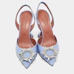 Pre Owned Amina Muaddi Blue Patent Leather Begum Slingback Pumps Size 37.5