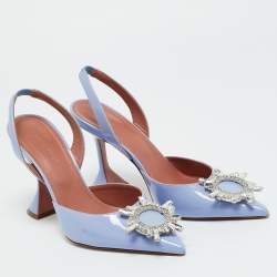 Pre Owned Amina Muaddi Blue Patent Leather Begum Slingback Pumps Size 37.5
