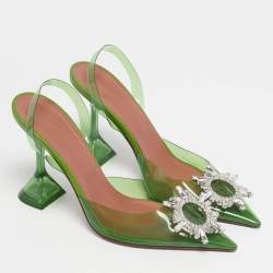 Pre Owned Amina Muaddi Green PVC Begum Crystal-Embellished Slingback Pumps Size 37.5
