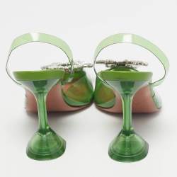 Pre Owned Amina Muaddi Green PVC Begum Crystal-Embellished Slingback Pumps Size 37.5