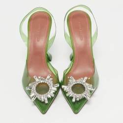 Pre Owned Amina Muaddi Green PVC Begum Crystal-Embellished Slingback Pumps Size 37.5