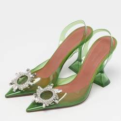 Pre Owned Amina Muaddi Green PVC Begum Crystal-Embellished Slingback Pumps Size 37.5