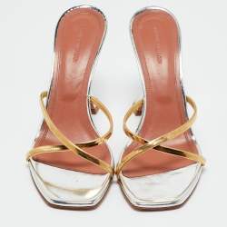 Pre Owned Amina Muaddi Gold/Silver Metal Henson Slide Sandals Size 39.5
