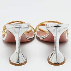 Pre Owned Amina Muaddi Gold/Silver Metal Henson Slide Sandals Size 39.5