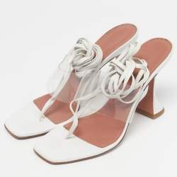 Pre Owned Amina Muaddi White Leather and PVC Zula Ankle Strap Sandals Size 42