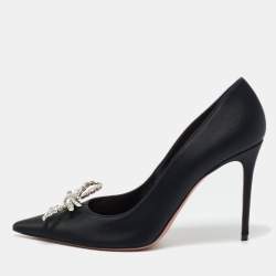 Pre Owned Amina Muaddi Black Satin Crystal Embellished Rosie Pumps Size 41