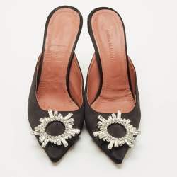 Pre Owned Amina Muaddi Black Satin Begum Mules Size 39
