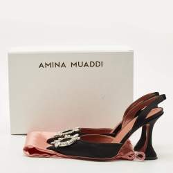Pre Owned Amina Muaddi Black Satin Begum Slingback Pumps Size 39