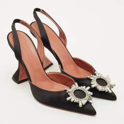 Pre Owned Amina Muaddi Black Satin Begum Slingback Pumps Size 39
