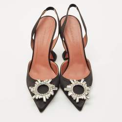 Pre Owned Amina Muaddi Black Satin Begum Slingback Pumps Size 39