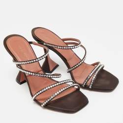 Pre Owned Amina Muaddi Dark Brown Satin Naima Slide Sandals Size 38