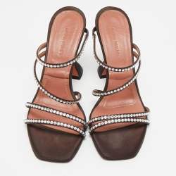 Pre Owned Amina Muaddi Dark Brown Satin Naima Slide Sandals Size 38