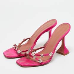 Pre Owned Amina Muaddi Pink Satin Lily Slide Sandals Size 37.5