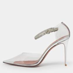 Pre Owned Amina Muaddi Silver Patent Leather and PVC Ursina Pumps Size 40