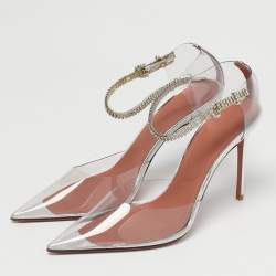Pre Owned Amina Muaddi Silver Patent Leather and PVC Ursina Pumps Size 40