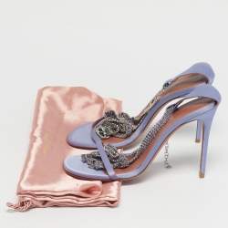 Pre Owned Amina Muaddi Purple Satin Crystal Embellished Giorgia Sandals Size 36.5