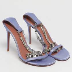 Pre Owned Amina Muaddi Purple Satin Crystal Embellished Giorgia Sandals Size 36.5