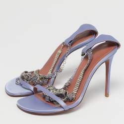 Pre Owned Amina Muaddi Purple Satin Crystal Embellished Giorgia Sandals Size 36.5