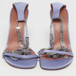 Pre Owned Amina Muaddi Purple Satin Crystal Embellished Giorgia Sandals Size 36.5