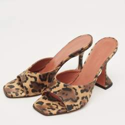 Pre Owned Amina Muaddi Black Leopard Print Satin lupita Slide Sandals Size 39