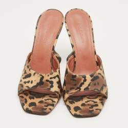 Pre Owned Amina Muaddi Black Leopard Print Satin lupita Slide Sandals Size 39