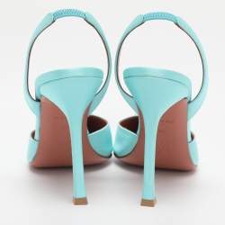 Pre Owned Amina Muaddi Turquoise Satin Camelia Crystal Embellished Pointed Toe Slingback Pumps Size 39.5