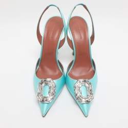 Pre Owned Amina Muaddi Turquoise Satin Camelia Crystal Embellished Pointed Toe Slingback Pumps Size 39.5