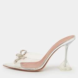Pre Owned Amina Muaddi Silver Rosie Crystal Embellished PVC Pointed Toe Slingback Sandals Size 38