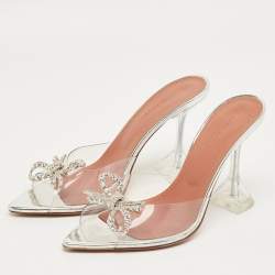 Pre Owned Amina Muaddi Silver Rosie Crystal Embellished PVC Pointed Toe Slingback Sandals Size 38