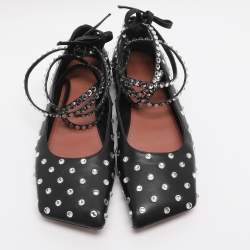 Pre Owned Amina Muaddi Black Leather Ane Crystal Embellished Ankle Wrap Ballet Flats Size 38