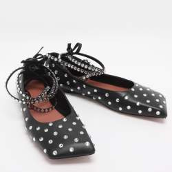 Pre Owned Amina Muaddi Black Leather Ane Crystal Embellished Ankle Wrap Ballet Flats Size 38