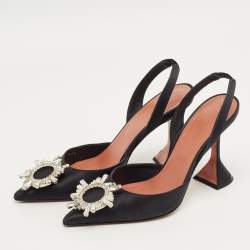 Pre Owned Amina Muaddi Black Satin Begum Slingback Pumps Size 37.5