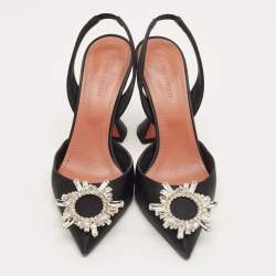 Pre Owned Amina Muaddi Black Satin Begum Slingback Pumps Size 37.5