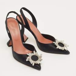 Pre Owned Amina Muaddi Black Satin Begum Slingback Pumps Size 37.5