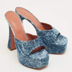Pre Owned Amina Muaddi Blue Denim Dalida Platform Mules Size 38