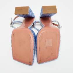 Pre Owned Amina Muaddi Blue Satin Crystal Embellished Charlotte Mary Jane Pumps Size 37