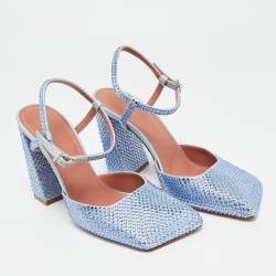 Pre Owned Amina Muaddi Blue Satin Crystal Embellished Charlotte Mary Jane Pumps Size 37