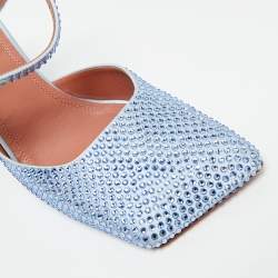Pre Owned Amina Muaddi Blue Satin Crystal Embellished Charlotte Mary Jane Pumps Size 37