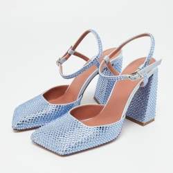 Pre Owned Amina Muaddi Blue Satin Crystal Embellished Charlotte Mary Jane Pumps Size 37