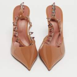 Pre Owned Amina Muaddi Brown PVC Crystal Embellished  Julia  Ankle Strap Pumps Size 40